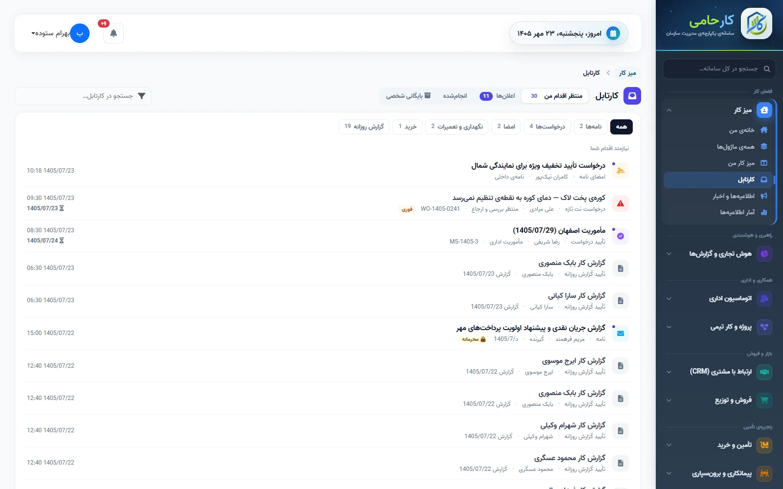 صفحه‌ی کارتابل کارحامی با فهرست کارهای منتظر اقدام
