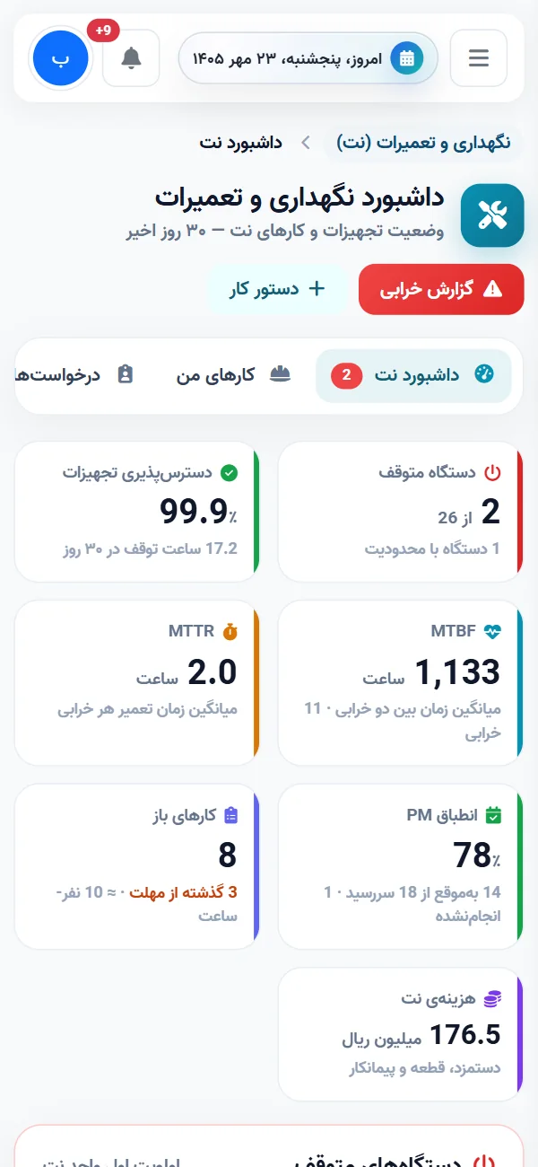داشبورد نگهداری و تعمیرات کارحامی روی موبایل
